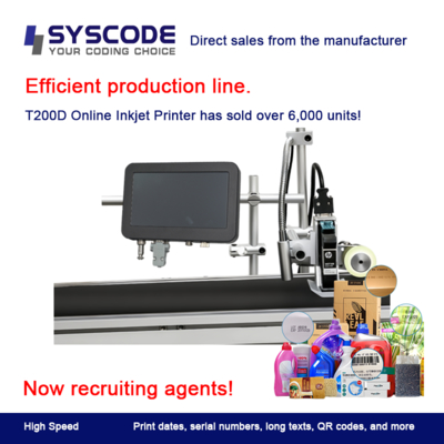 Syscode T200 Endüstriyel TIJ Yazıcısı. 600 dpi Yüksek çözünürlüklü gıda/farma/elektronik için.